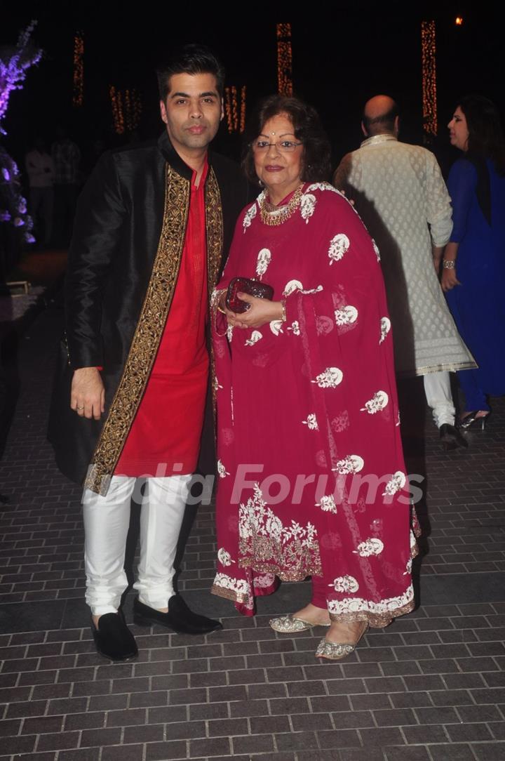 Karan Johar with Mother Hiroo Johar at the Sangeet Ceremony of Riddhi Malhotra and Tejas Talwalkar