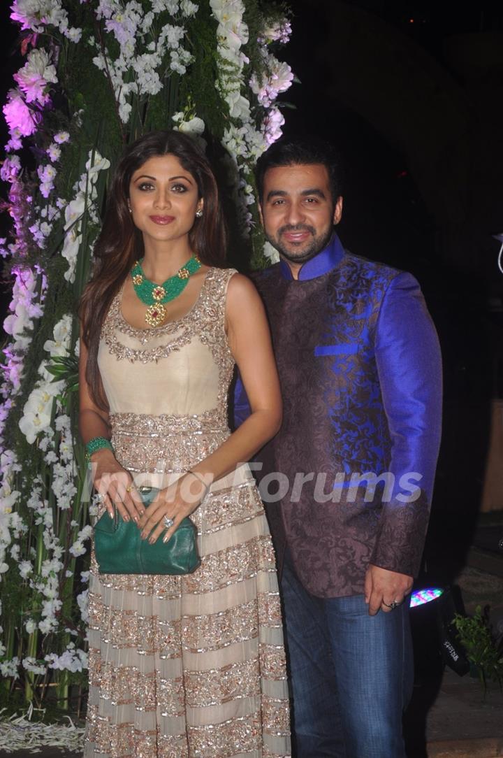 Shilpa Shetty and Raj Kundra pose at the Sangeet Ceremony of Riddhi Malhotra and Tejas Talwalkar