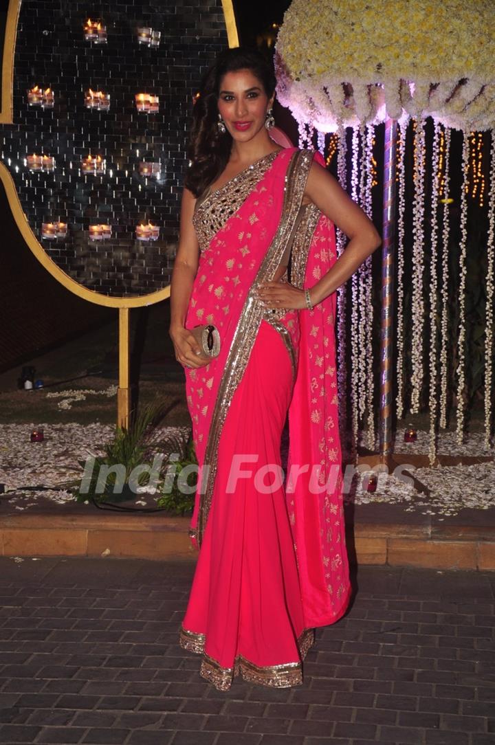 Sophie Choudry poses for the media at the Wedding Reception of Riddhi Malhotra and Tejas Talwalkar