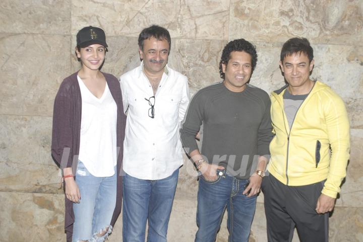 Team of P.K. poses with Sachin Tendulkar at the Special Screening