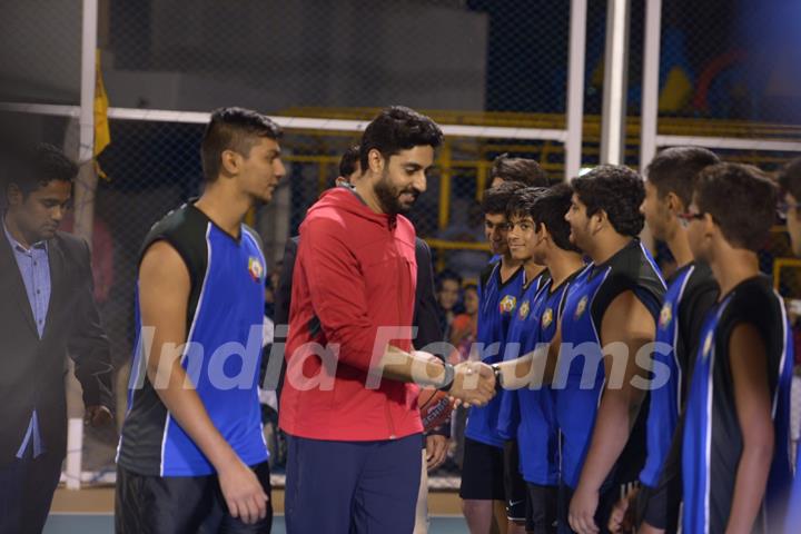 Abhishek Bachchan greeting the students of Jamnabai Narsee School at World-class Multisport Court