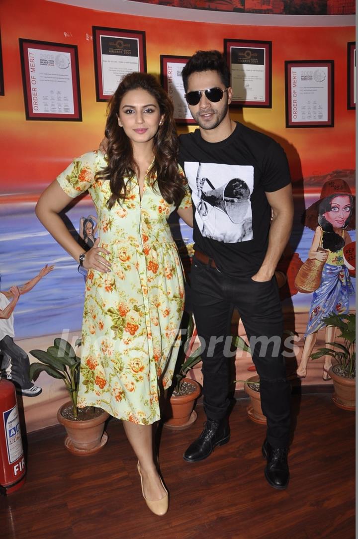 Varun Dhawan and Huma Qureshi pose for the media at the Promotions of Badlapur on 93.5 Red FM