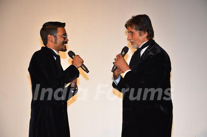 Dhanush and Amitabh Bachchan were snapped interacting at the Trailer Launch of Shamitabh