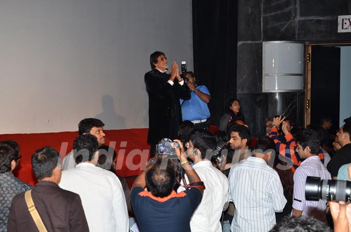 Amitabh Bachchan greets the audience at the Trailer Launch of Shamitabh