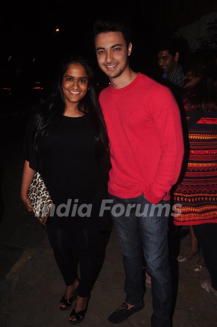 Arpita Khan and Aayush Sharma pose for the media Outside Olive