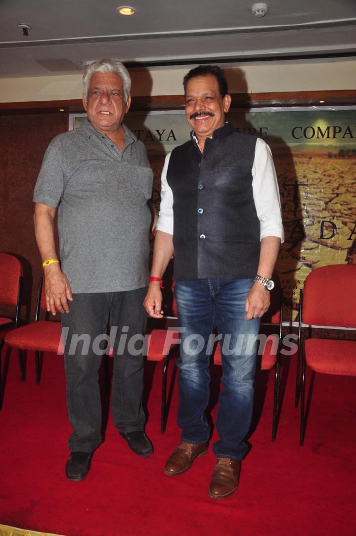 Om Puri and Govind Namdeo pose for the media at the Launch of film Project Marathwada