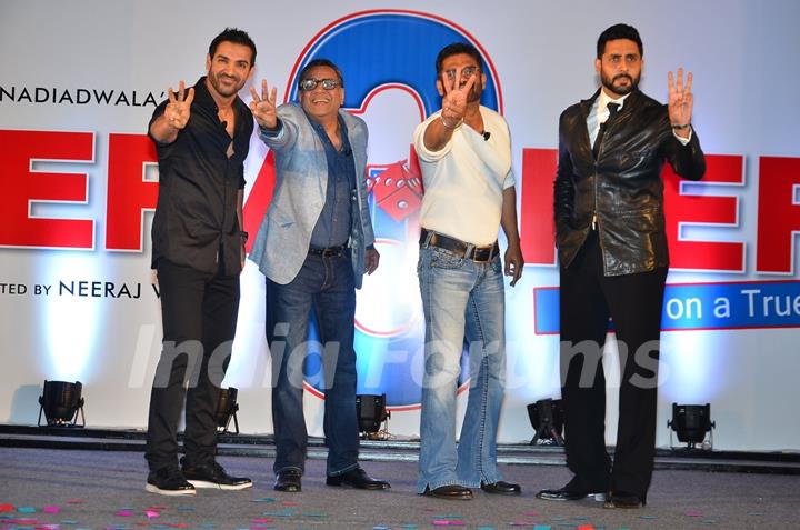 Team poses for the media at the Launch of Hera Pheri 3