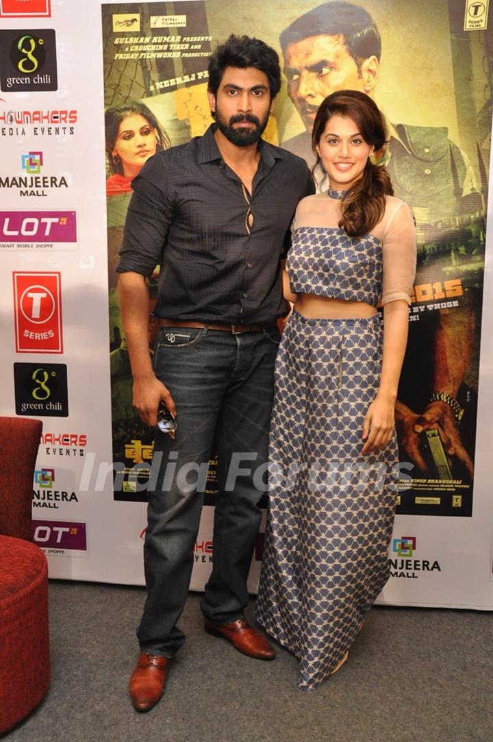 Rana Daggubati and Taapsee Pannu pose for the media at the Press Meet of BABY in Hyderabad