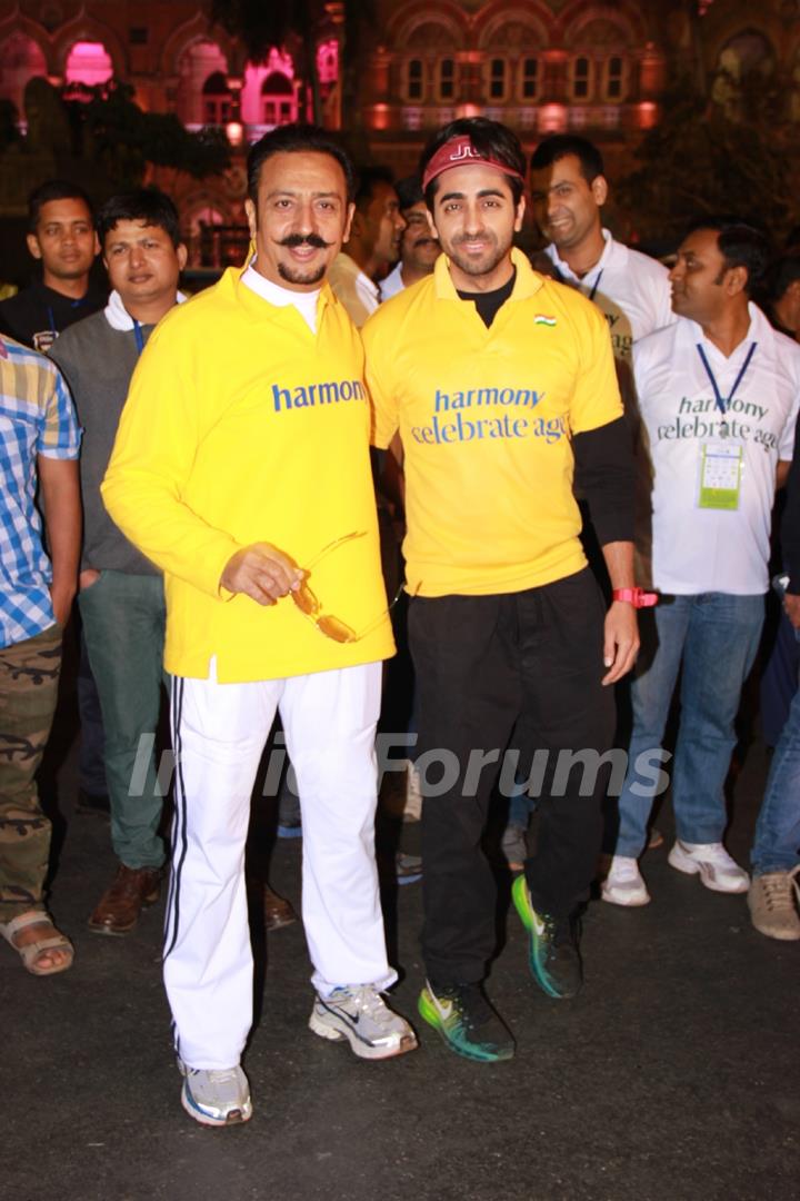 Ayushmann Khurrana and Gulshan Grover pose for the media at Standard Chartered Mumbai Marathon 2015