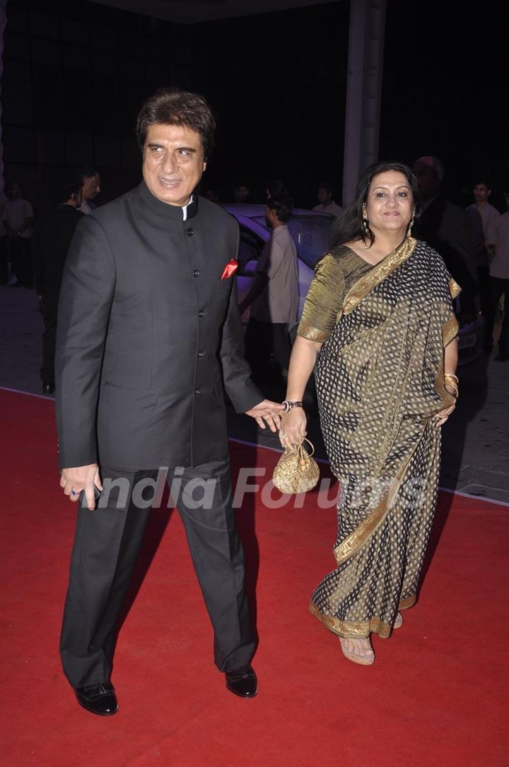 Raj Babbar and Nadira Babbar pose for the media at Kush Sinha's Wedding Reception