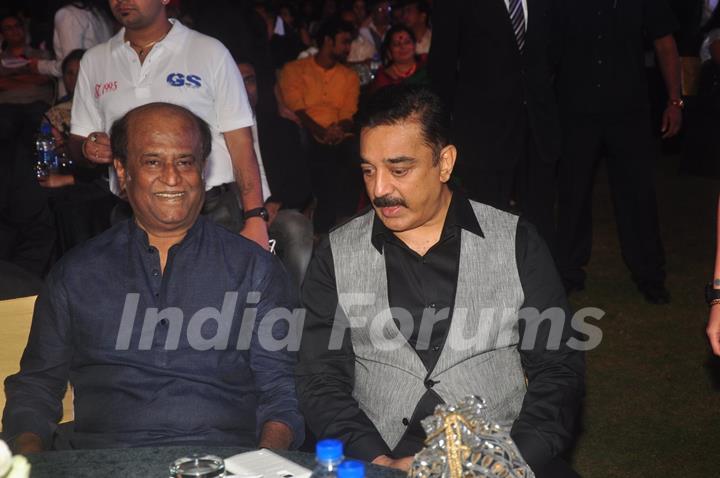 Kamal Haasan and Rajinikanth were snapped at the Music Launch of Shamitabh