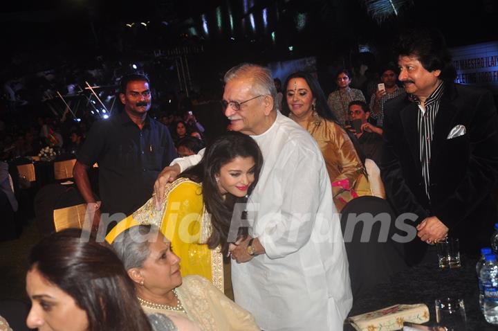 Aishwarya Rai Bachchan was snapped greeting Gulzar at the Music Launch of Shamitabh