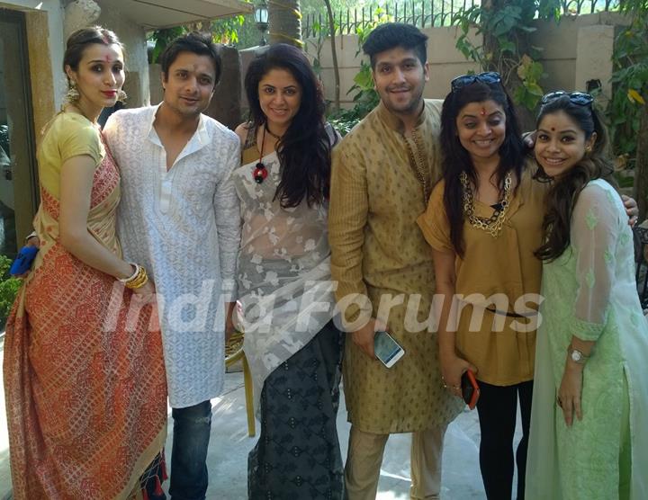 Celebs pose for the media at Bappi Lahiri's Saraswati Pooja