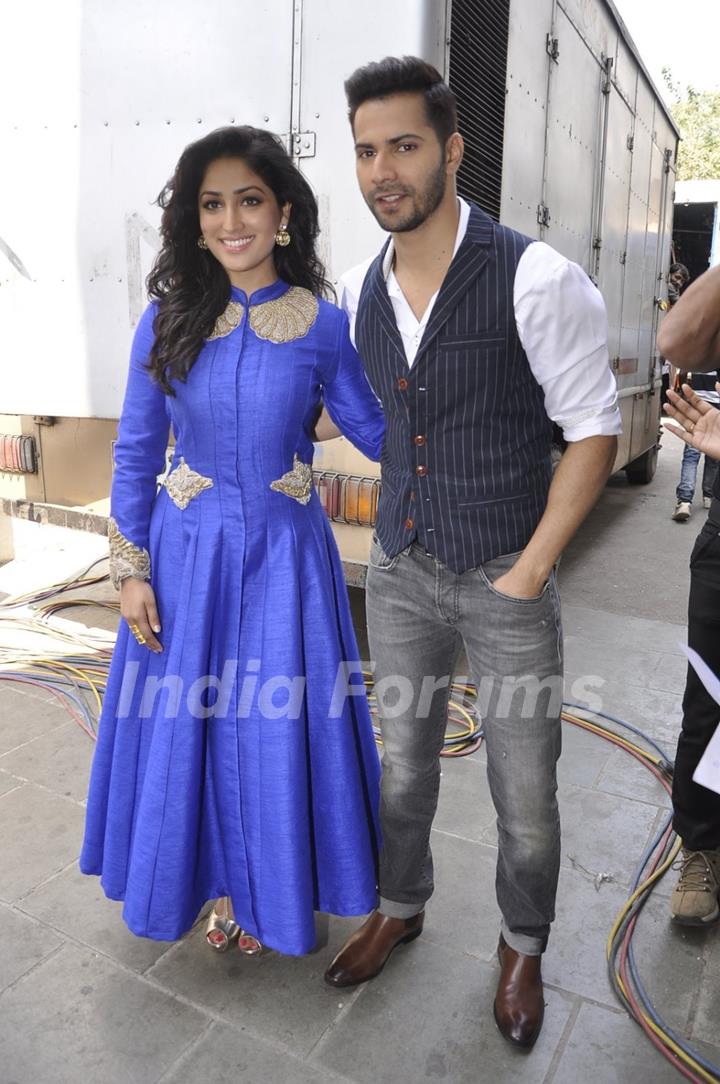 Varun Dhawan and Yami Gautam pose for the media at the Promotions of Badlapur