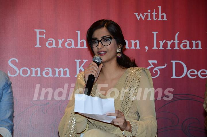 Sonam Kapoor was snapped reading a few lines from Irshad Kamil's Book at the Launch