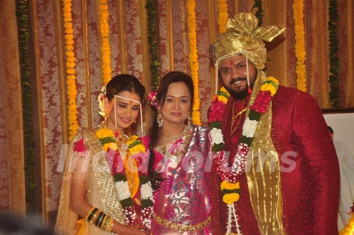 Smita Thackeray poses with Son Rahul Thackeray and Daughter-in-law Aditi Redkar at the Wedding