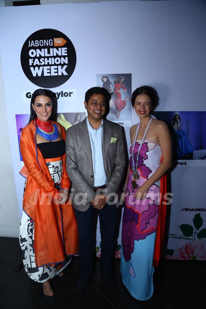 Neha Dhupia, Preveen Sinha and Kalki Koechlin pose for the media at Jabong Online Fashion Week