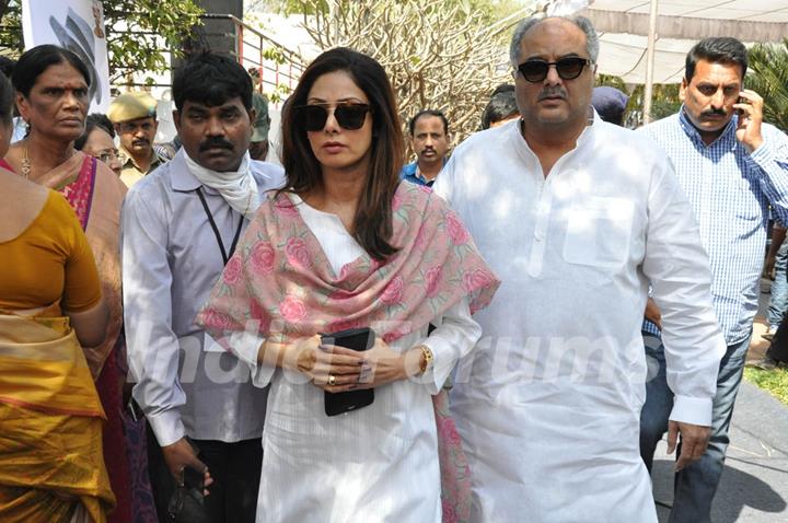 Sridevi and Boney Kapoor were snapped at D. Ramanaidu's Funeral