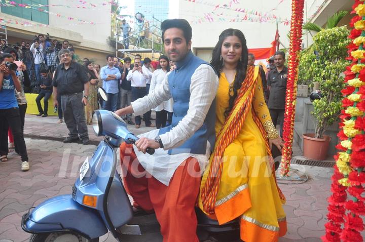 Ayushmann Khurrana and Bhumi Pednekar pose for the media at the Holi Celebrations