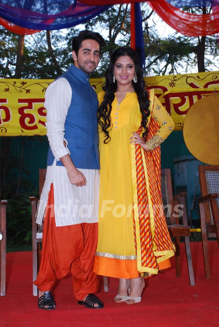 Ayushmann Khurrana and Bhumi Pednekar pose for the media at the Holi Celebrations