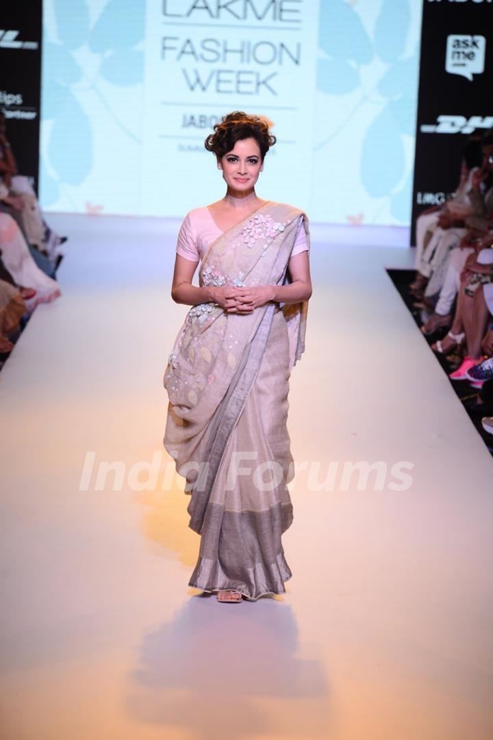 Dia Mirza walks the ramp for Anavila at the Lakme Fashion Week 2015 Day 2