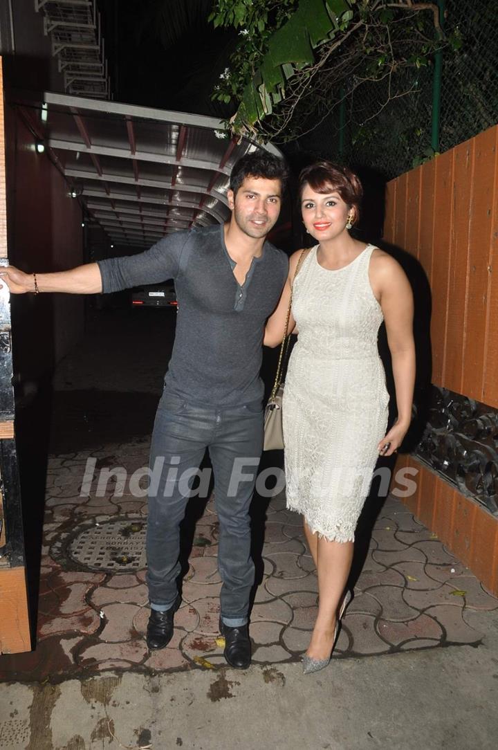 Varun Dhawan and Huma Qureshi pose for the media at Karim Morani's Birthday Bash