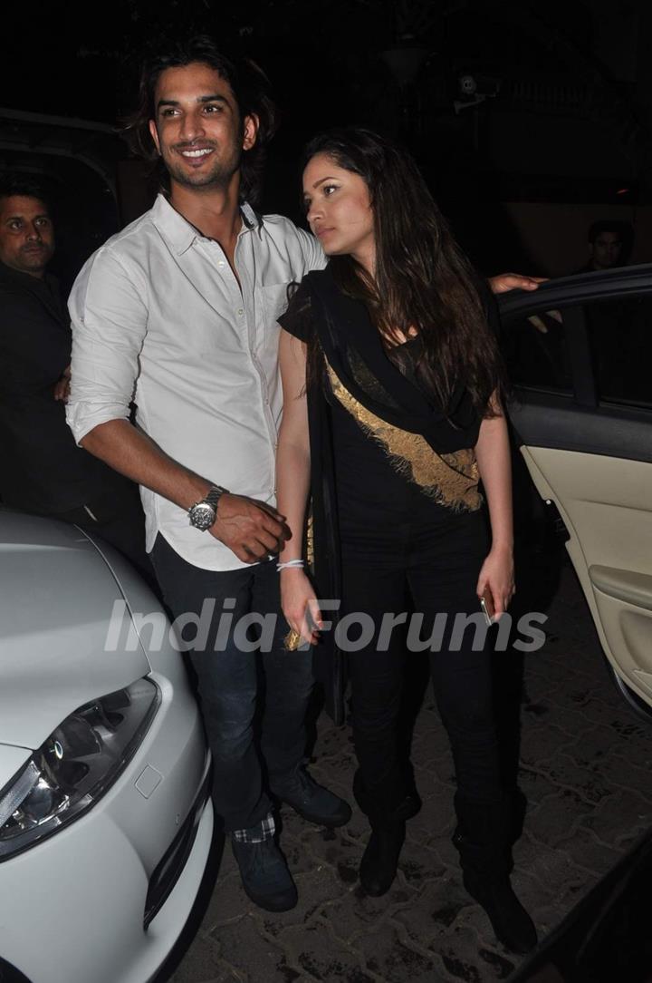 Sushant Singh Rajput and Ankita Lokhande pose for the media at Karim Morani's Birthday Bash