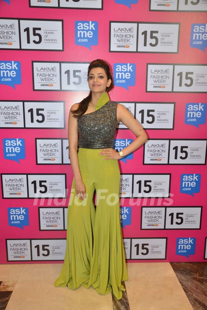 Kajal Aggarwal poses for the media at Lakme Fashion Week 2015 Day 4