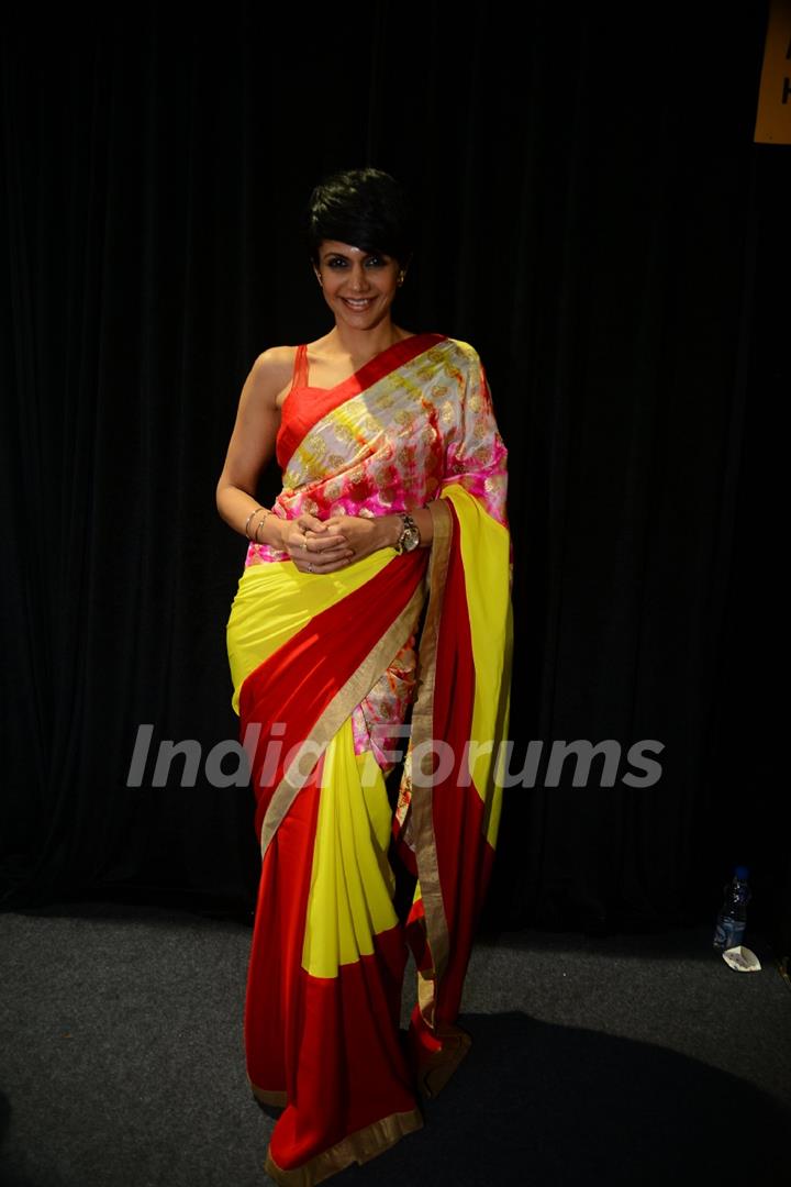 Mandira Bedi poses for the media at Amazon India Fashion Week 2015 Day 4