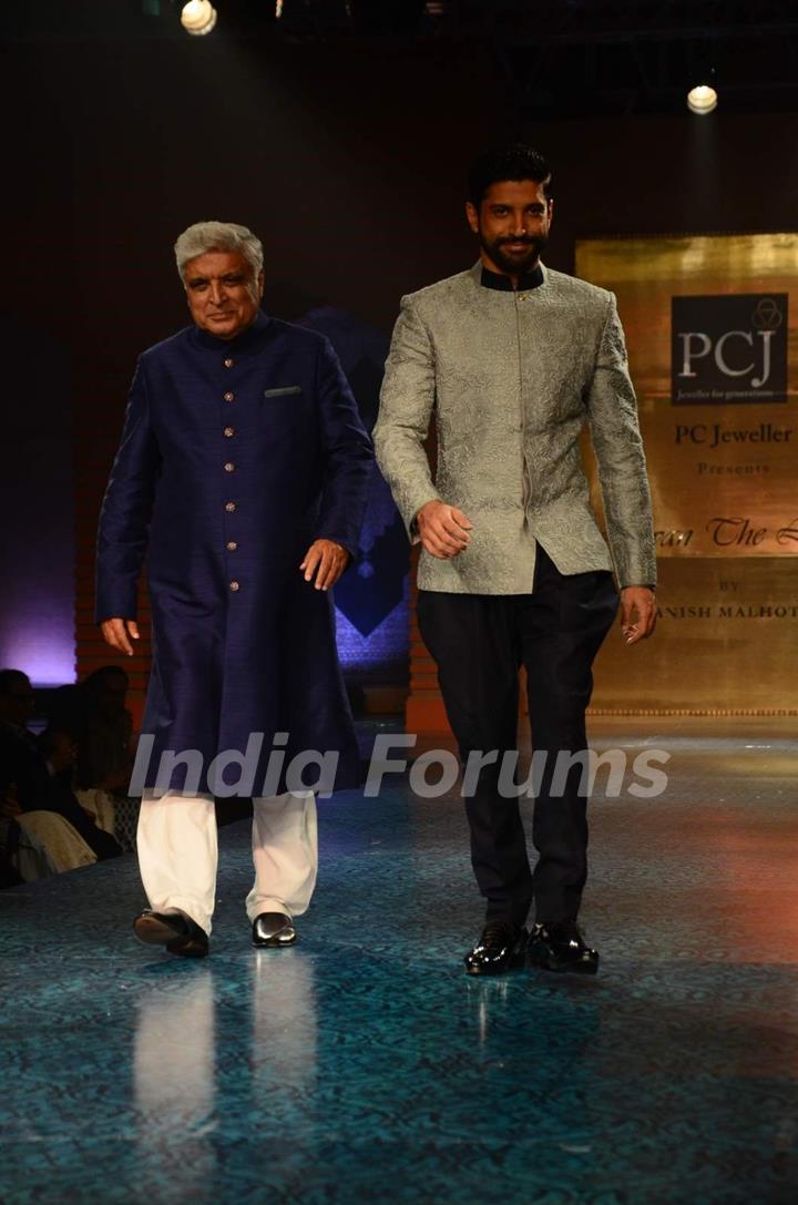 Javed Akhtar and Farhan Akhtar walk the ramp at 'Mijwan-The Legacy'