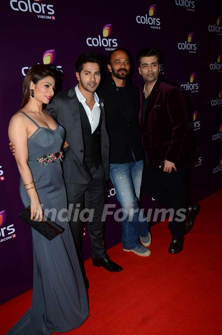 Karan Johar, Varun Dhawan, Rohit Shetty and Tanisha Mukherjee poses at Color's Party