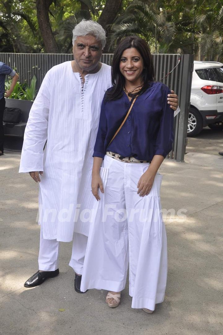 Zoya Akhtar and Javed Akhtar pose for the media at the Music Launch of Dil Dhadakne Do