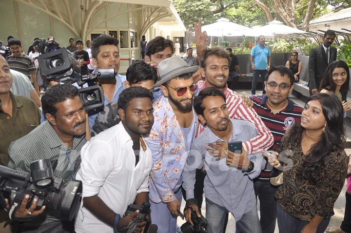 Ranveer Singh poses with media persons at the Music Launch of Dil Dhadakne Do