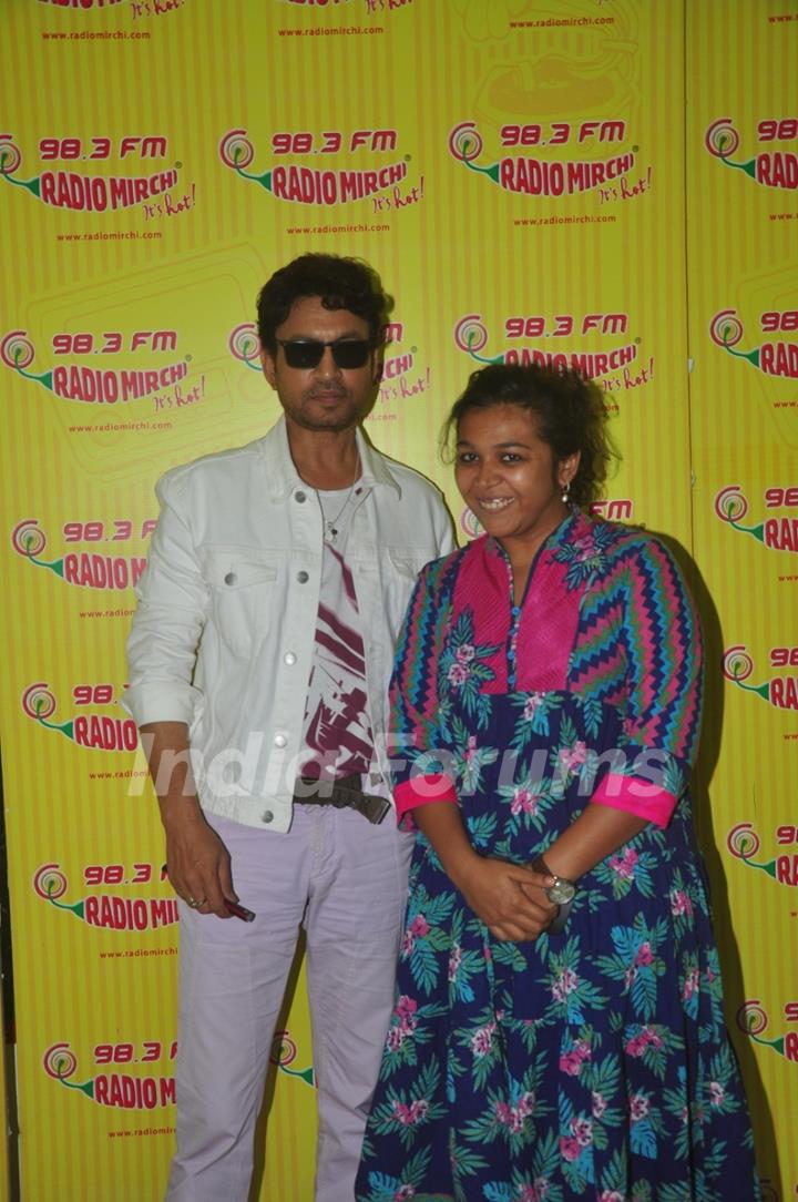 Irrfan Khan poses with RJ Prerna at the Promotions of Piku on Radio Mirchi