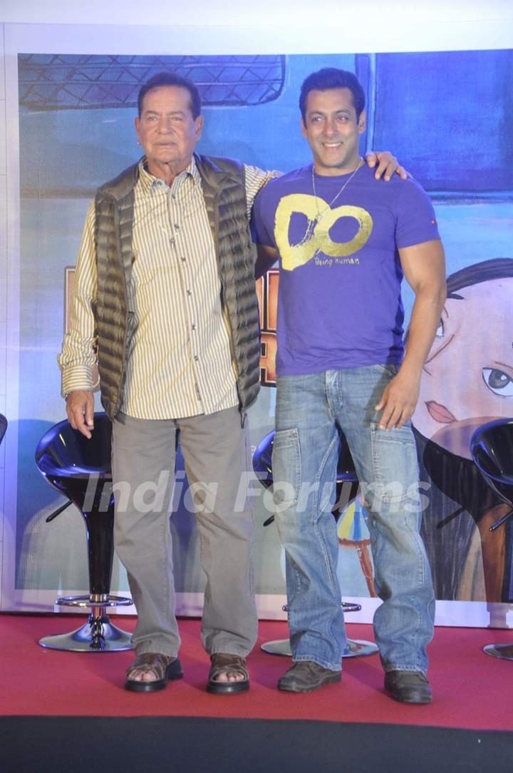 Salim and Salman Khan at the book launch of Bajrangi Bhaijaan at a city school