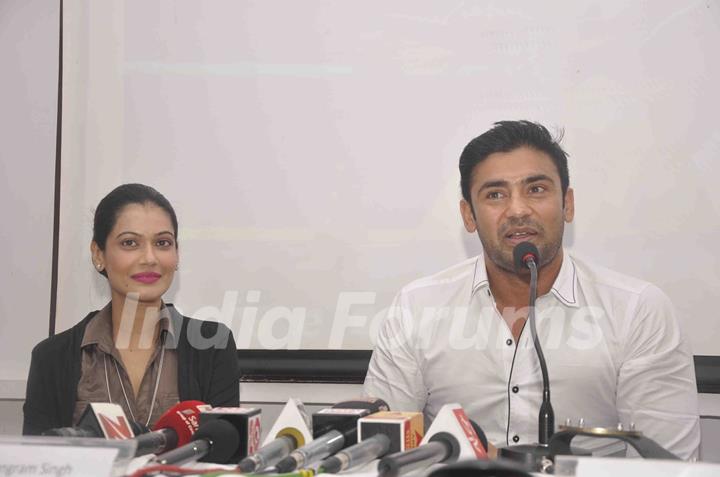 Payal Rohatgi with Wrestler Sangram Singh Unveils WWP Championship Belt