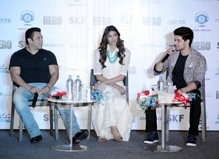 Salman Khan, Athiya and Sooraj Pancholi at Press Meet of 'Hero' in Gurgaon