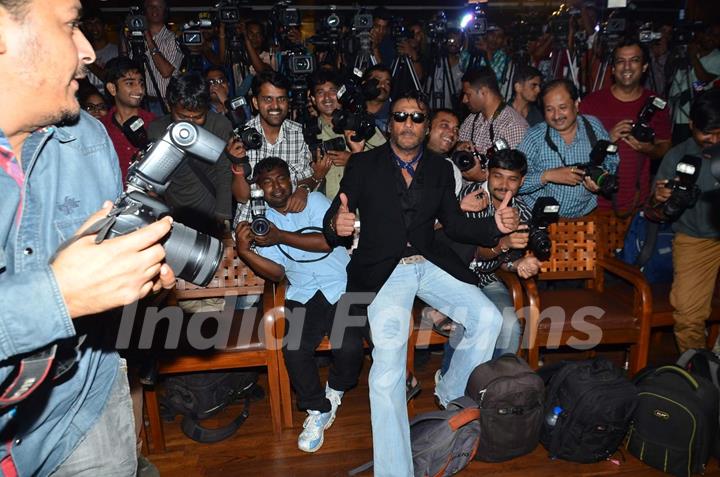 Jackie Shroff Takes a Seat with Photographers at Song Launch of Jazbaa