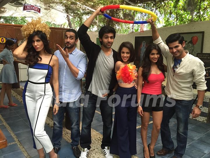 Team poses for the media at the Promotions of Pyaar Ka Punchnama 2