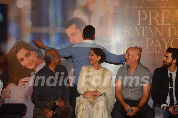 Salman Khan does the signature pose at the Trailer Launch of Prem Ratan Dhan Payo