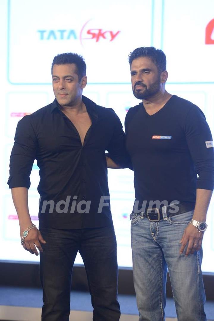 Salman Khan and Sunil Shetty pose for the media at the Launch of the Fitness Channel