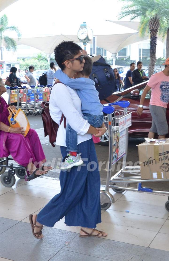 Kiran Rao snapped with Son Azad Rao Khan at Airport