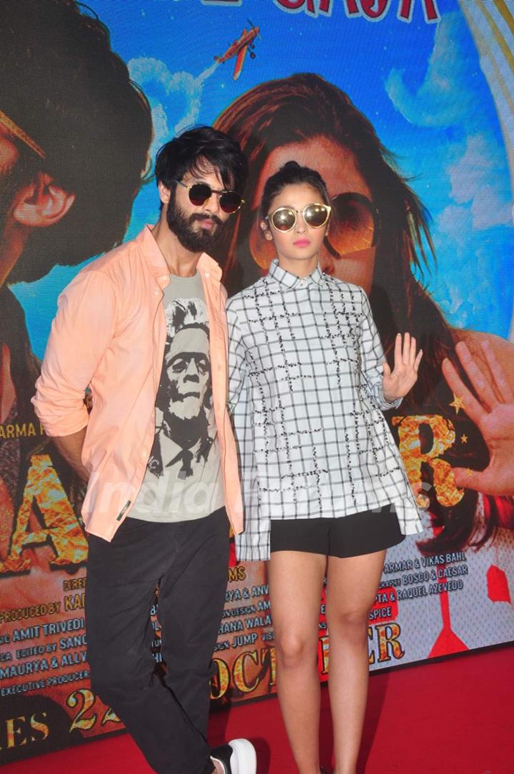 Shahid Kapoor and Alia Bhatt pose for the media at the Song Launch of Shaandaar