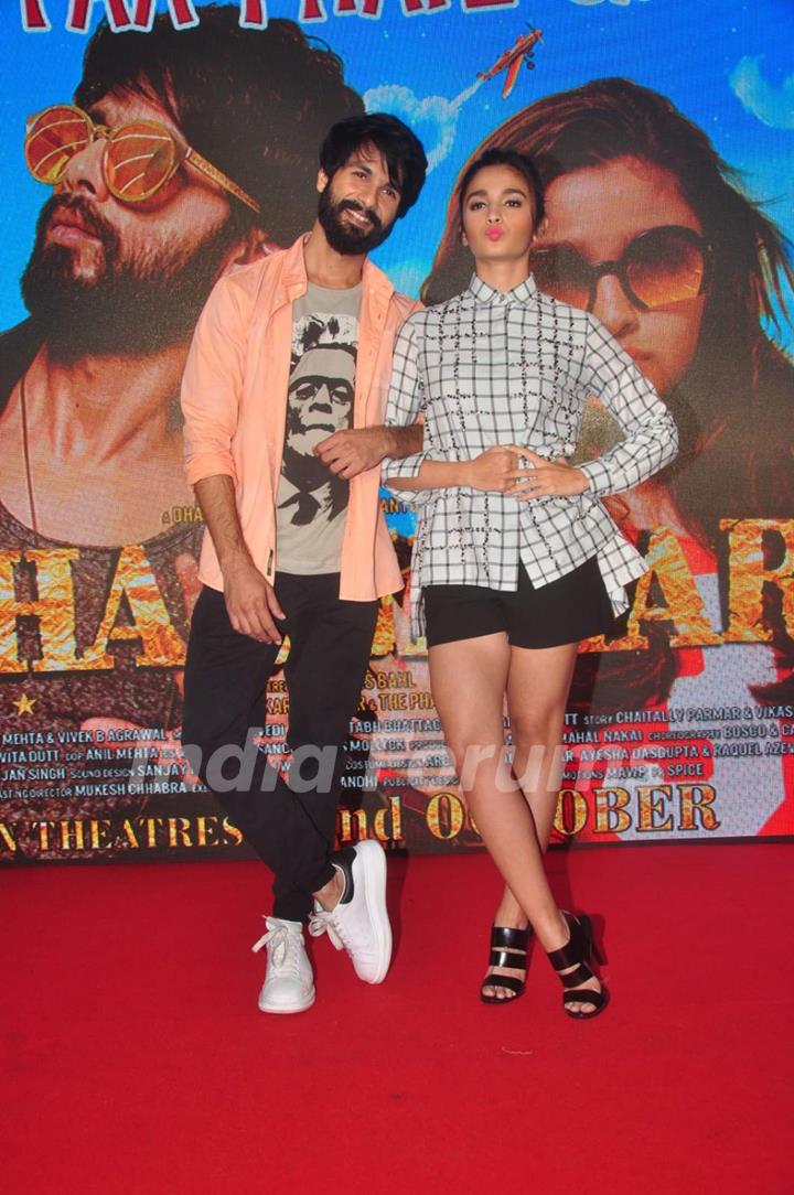 Shahid Kapoor and Alia Bhatt pose for the media at the Song Launch of Shaandaar