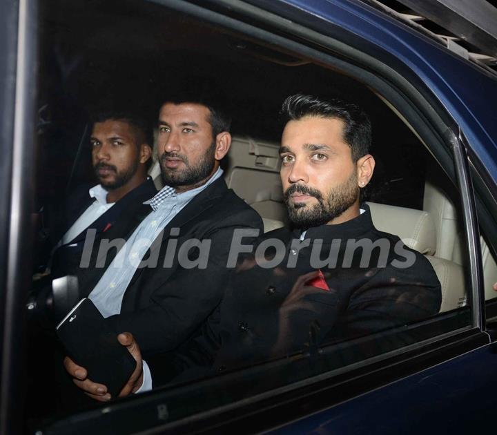 Varun Aaron, Cheteshwar Pujara and Murali Vijay at Harbhajan Singh - Geeta Basra Wedding Reception