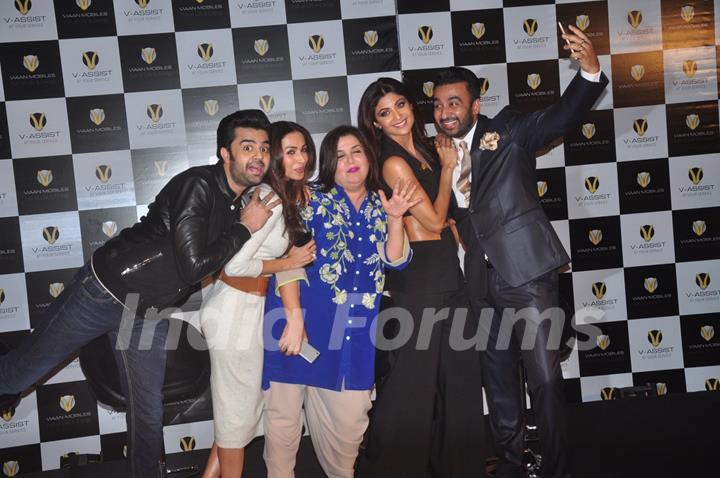 Manish, Farah, Malaika, Shilpa and Raj Kundra posing for selfies at Launch of Viaan Mobiles