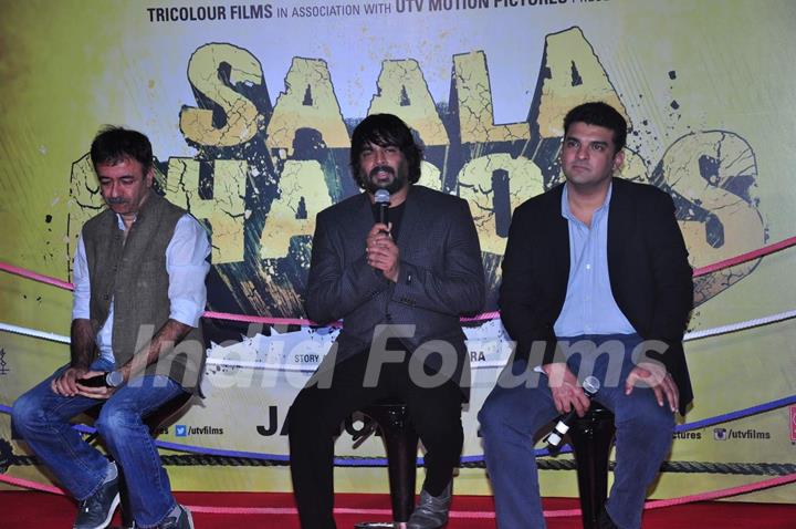 Rajkumar Hirani, R Madhavan and Siddharth Roy Kapoor at Trailer Launch of 'Saala Khadoos'