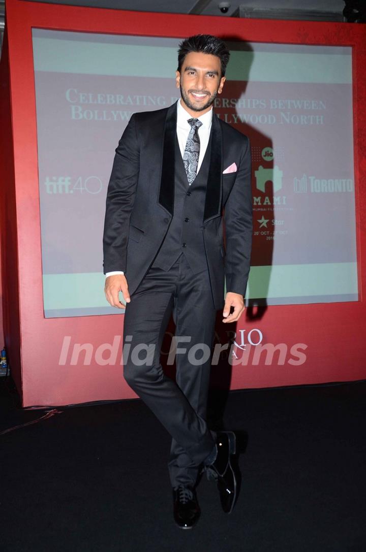 Ranveer Singh poses for the media at Toronto's MOU with Film City