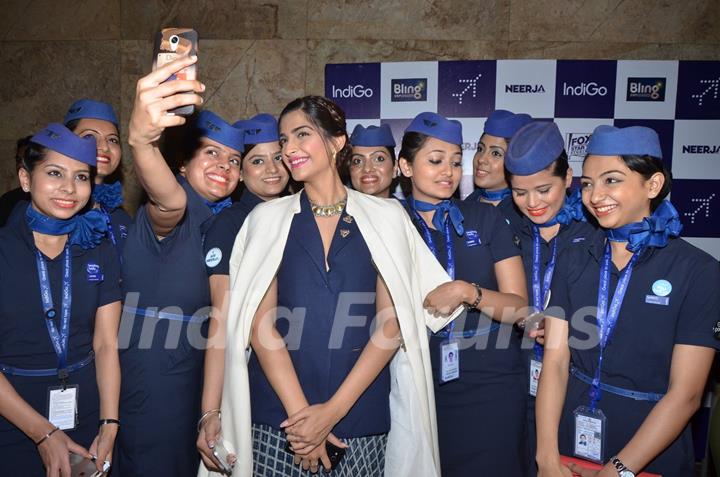 Sonam Kapoor takes a selfie with Air hostesses of Indigo Air