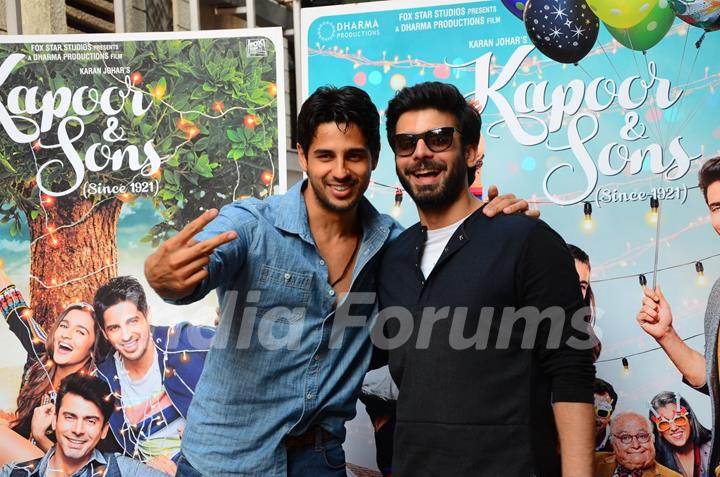 Fawad Khan and Sidharth Malhotra for Kapoor & Sons promotions at Johar's office